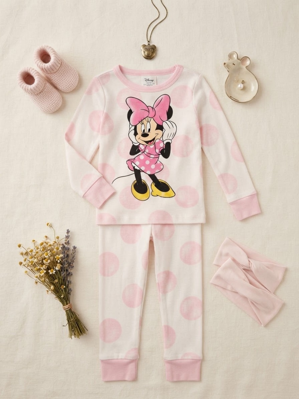 Disney Minnie Mouse Pink and Yellow Polka Dot Pajama Set